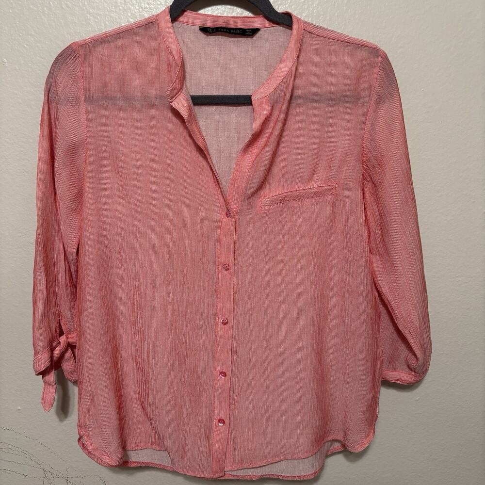 ZARA Basic Pink Blouse Woman’s Size Small Tie Sleeve Lightweight